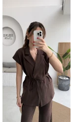 İp Bağlamalı Yelek Pantolon Takım - Kahverengi - Kod: 8021 4041
