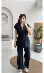 İp Bağlamalı Yelek Pantolon Takım - Lacivert - Kod: 8021 4041