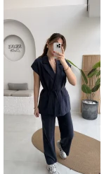 İp Bağlamalı Yelek Pantolon Takım - Lacivert - Kod: 8021 4041