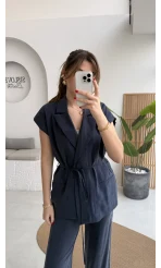 İp Bağlamalı Yelek Pantolon Takım - Lacivert - Kod: 8021 4041