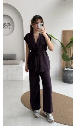 İp Bağlamalı Yelek Pantolon Takım - Mürdüm - Kod: 8021 4041