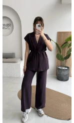 İp Bağlamalı Yelek Pantolon Takım - Mürdüm - Kod: 8021 4041