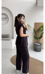 İp Bağlamalı Yelek Pantolon Takım - Mürdüm - Kod: 8021 4041