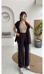 İp Bağlamalı Yelek Pantolon Takım - Mürdüm - Kod: 8021 4041