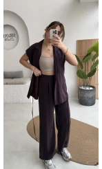 İp Bağlamalı Yelek Pantolon Takım - Mürdüm - Kod: 8021 4041