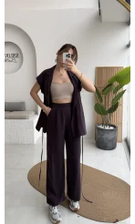 İp Bağlamalı Yelek Pantolon Takım - Mürdüm - Kod: 8021 4041