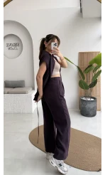 İp Bağlamalı Yelek Pantolon Takım - Mürdüm - Kod: 8021 4041