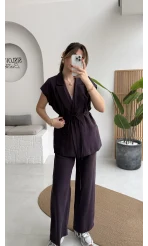 İp Bağlamalı Yelek Pantolon Takım - Mürdüm - Kod: 8021 4041