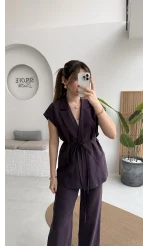 İp Bağlamalı Yelek Pantolon Takım - Mürdüm - Kod: 8021 4041