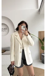 Peluş Düğmeli Blazer Ceket - Ekru - Kod: 508014