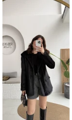 Peluş Düğmeli Blazer Ceket - Siyah - Kod: 508014