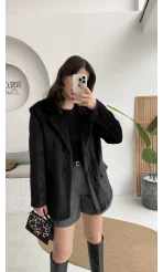 Peluş Düğmeli Blazer Ceket - Siyah - Kod: 508014