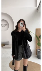 Peluş Düğmeli Blazer Ceket - Siyah - Kod: 508014