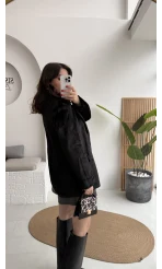 Peluş Düğmeli Blazer Ceket - Siyah - Kod: 508014