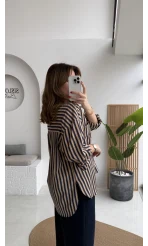 Luena Çizgili Gömlek - Camel-Lacivert - Kod: 4969