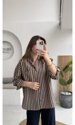 Luena Çizgili Gömlek - Camel-Lacivert - Kod: 4969
