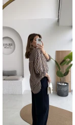 Luena Çizgili Gömlek - Camel-Lacivert - Kod: 4969