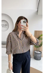 Luena Çizgili Gömlek - Camel-Lacivert - Kod: 4969