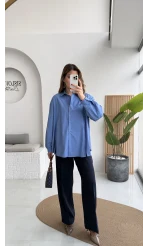 Önü Yırtmaçlı Gömlek - Mavi - Kod: 5010