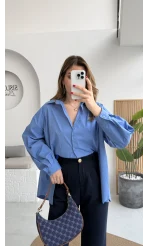 Önü Yırtmaçlı Gömlek - Mavi - Kod: 5010