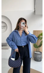 Önü Yırtmaçlı Gömlek - Mavi - Kod: 5010