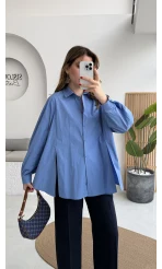 Önü Yırtmaçlı Gömlek - Mavi - Kod: 5010