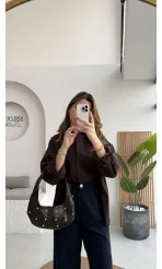 Önü Yırtmaçlı Gömlek - Kahve - Kod: 5010