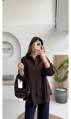 Önü Yırtmaçlı Gömlek - Kahve - Kod: 5010