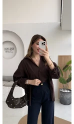 Önü Yırtmaçlı Gömlek - Kahve - Kod: 5010