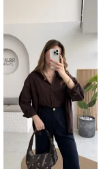 Önü Yırtmaçlı Gömlek - Kahve - Kod: 5010