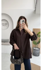 Önü Yırtmaçlı Gömlek - Kahve - Kod: 5010