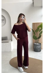 Sophia Kayık Yaka Yarım Kol Takım - Bordo