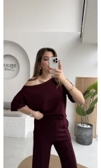 Sophia Kayık Yaka Yarım Kol Takım - Bordo