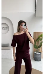 Sophia Kayık Yaka Yarım Kol Takım - Bordo