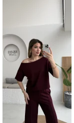 Sophia Kayık Yaka Yarım Kol Takım - Bordo