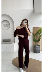 Sophia Kayık Yaka Yarım Kol Takım - Bordo