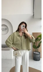 Tensel Oversize V Yaka Çizgili Gömlek - Haki - Kod: 4758