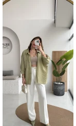 Tensel Oversize V Yaka Çizgili Gömlek - Haki - Kod: 4758