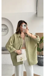 Tensel Oversize V Yaka Çizgili Gömlek - Haki - Kod: 4758