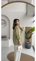 Tensel Oversize V Yaka Çizgili Gömlek - Haki - Kod: 4758