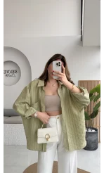 Tensel Oversize V Yaka Çizgili Gömlek - Haki - Kod: 4758
