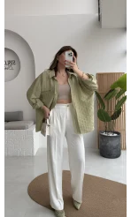 Tensel Oversize V Yaka Çizgili Gömlek - Haki - Kod: 4758