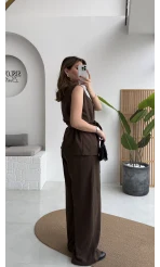 Butterfly Yakası Düğme Detay Kuşaklı Yelek Takım - Kahverengi