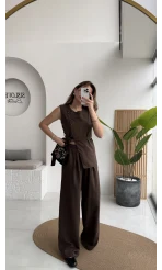 Butterfly Yakası Düğme Detay Kuşaklı Yelek Takım - Kahverengi