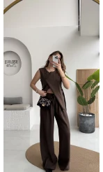 Butterfly Yakası Düğme Detay Kuşaklı Yelek Takım - Kahverengi