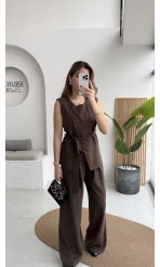 Butterfly Yakası Düğme Detay Kuşaklı Yelek Takım - Kahverengi