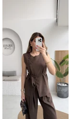 Butterfly Yakası Düğme Detay Kuşaklı Yelek Takım - Kahverengi