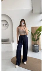 Bel Ortası Lastikli Saten Pantolon - Lacivert - Kod: 51297