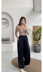 Bel Ortası Lastikli Saten Pantolon - Lacivert - Kod: 51297