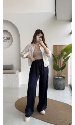 Bel Ortası Lastikli Saten Pantolon - Lacivert - Kod: 51297